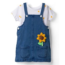 Babyhug Denim Woven Half Sleeves Frock with Floral Printed Inner Tee and Applique - Blue
