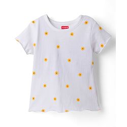 Babyhug Denim Woven Half Sleeves Frock with Floral Printed Inner Tee and Applique - Blue