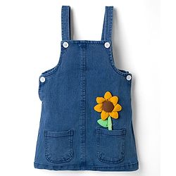 Babyhug Denim Woven Half Sleeves Frock with Floral Printed Inner Tee and Applique - Blue