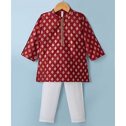 Babyhug Cotton Woven Kurta and Pyjama with Full Sleeves and Floral Foil Print in Maroon
