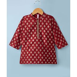 Babyhug Cotton Woven Kurta and Pyjama with Full Sleeves and Floral Foil Print in Maroon