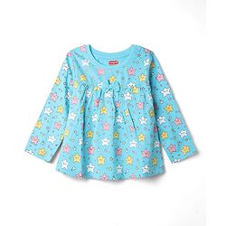Babyhug 100% Cotton Knit Full Sleeves Co-Ords Top & Pyjama Night Suit with Star Print - Aqua Blue