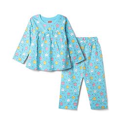 Babyhug 100% Cotton Knit Full Sleeves Co-Ords Top & Pyjama Night Suit with Star Print - Aqua Blue