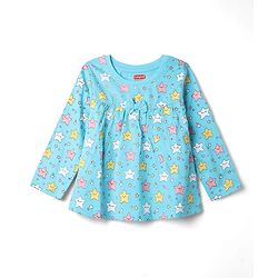 Babyhug 100% Cotton Knit Full Sleeves Co-Ords Top & Pyjama Night Suit with Star Print - Aqua Blue