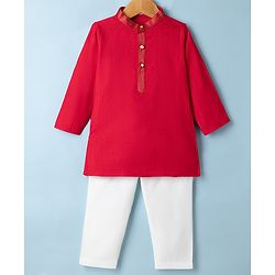 Babyhug Woven Kurta and Pyjama Set with Full Sleeves and Placket Embroidery in Red for New born