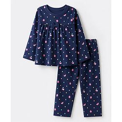 Babyhug 100% Cotton Knit Full Sleeves T-Shirt & Pyjama Night Suit Co-Ords Set With Polka Dots & Bow Applique - Navy Blue