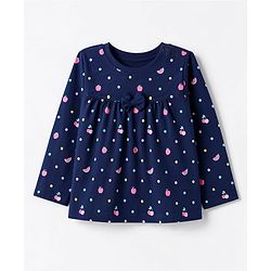 Babyhug 100% Cotton Knit Full Sleeves T-Shirt & Pyjama Night Suit Co-Ords Set With Polka Dots & Bow Applique - Navy Blue