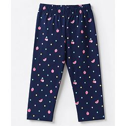 Babyhug 100% Cotton Knit Full Sleeves T-Shirt & Pyjama Night Suit Co-Ords Set With Polka Dots & Bow Applique - Navy Blue