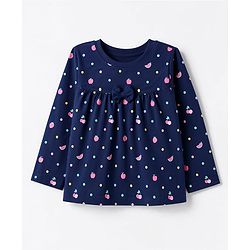 Babyhug 100% Cotton Knit Full Sleeves T-Shirt & Pyjama Night Suit Co-Ords Set With Polka Dots & Bow Applique - Navy Blue