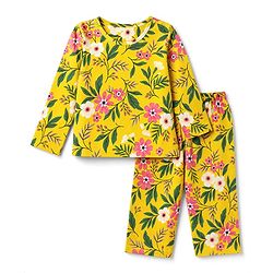 Babyhug 100% Cotton Knit Full Sleeves Co-Ords T-Shirt & Pyjama Night Suit with Floral Print - Yellow
