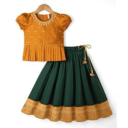 Babyhug Cotton Woven Half Sleeves Embroidered Choli & Lehenga Set - Green