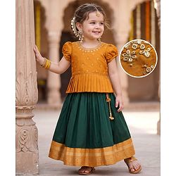 Babyhug Cotton Woven Half Sleeves Embroidered Choli & Lehenga Set - Green