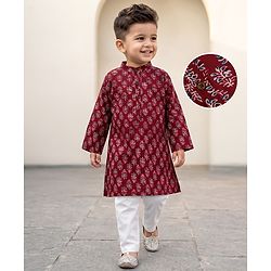 Babyhug 100% Cotton Cambric Woven Kurta and Pajama with Full Sleeves and Floral Embroidery in Red
