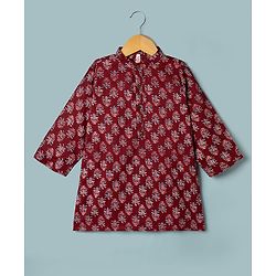 Babyhug 100% Cotton Cambric Woven Kurta and Pajama with Full Sleeves and Floral Embroidery in Red