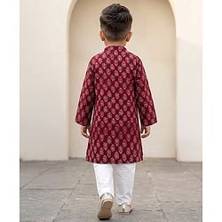 Babyhug 100% Cotton Cambric Woven Kurta and Pajama with Full Sleeves and Floral Embroidery in Red