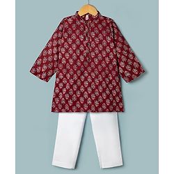Babyhug 100% Cotton Cambric Woven Kurta and Pajama with Full Sleeves and Floral Embroidery in Red