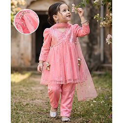 Babyhug Woven Net Three-Fourth Sleeves Sequinned Kurta & Pant Set With Dupatta - Peach