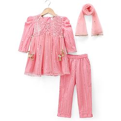 Babyhug Woven Net Three-Fourth Sleeves Sequinned Kurta & Pant Set With Dupatta - Peach