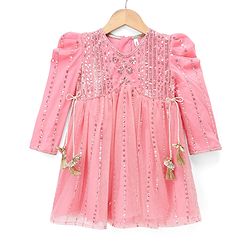 Babyhug Woven Net Three-Fourth Sleeves Sequinned Kurta & Pant Set With Dupatta - Peach