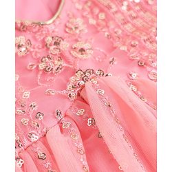 Babyhug Woven Net Three-Fourth Sleeves Sequinned Kurta & Pant Set With Dupatta - Peach