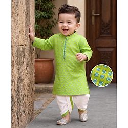 Babyhug 100% Cotton Cambric Woven Full Sleeves Floral Printed Dhoti Kurta Set - Green