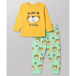 Babyhug 100% Cotton Knit Full Sleeves T-Shirt & Pyjama Night Suit with Tiger Print - Yellow
