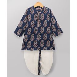 Babyhug 100% Cotton Cambric Woven Full Sleeves Printed Kurta & Dhoti Set - Navy Blue