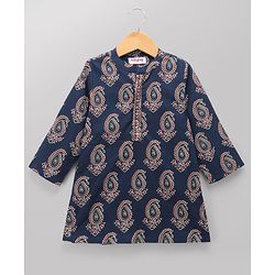 Babyhug 100% Cotton Cambric Woven Full Sleeves Printed Kurta & Dhoti Set - Navy Blue