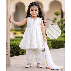 Babyhug Cotton Blend Woven Sleeveless Solid Kurti Salwar and Dupatta - White