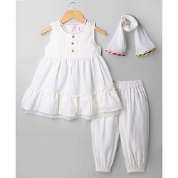Babyhug Cotton Blend Woven Sleeveless Solid Kurti Salwar and Dupatta - White