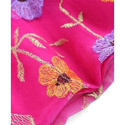 Babyhug Net Woven Sleeveless Choli & Lehenga Set With Floral Embroidered Jacket - Fuchsia