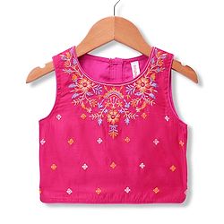 Babyhug Net Woven Sleeveless Choli & Lehenga Set With Floral Embroidered Jacket - Fuchsia