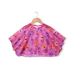Babyhug Net Woven Sleeveless Choli & Lehenga Set With Floral Embroidered Jacket - Fuchsia