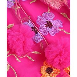 Babyhug Net Woven Sleeveless Choli & Lehenga Set With Floral Embroidered Jacket - Fuchsia