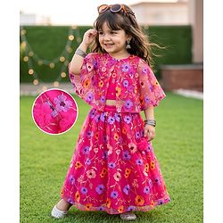 Babyhug Net Woven Sleeveless Choli & Lehenga Set With Floral Embroidered Jacket - Fuchsia