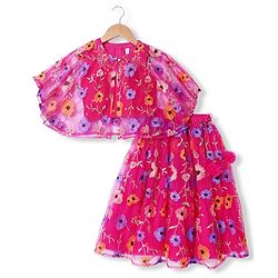 Babyhug Net Woven Sleeveless Choli & Lehenga Set With Floral Embroidered Jacket - Fuchsia