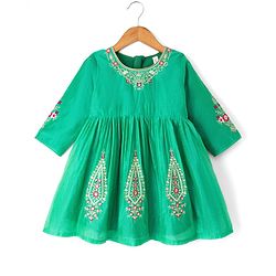 Babyhug Chanderi Woven Three-Fourth Sleeves Kurta & Gharara Set With Dupatta & Floral Embroidery - Green