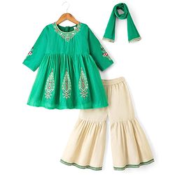 Babyhug Chanderi Woven Three-Fourth Sleeves Kurta & Gharara Set With Dupatta & Floral Embroidery - Green