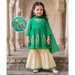 Babyhug Chanderi Woven Three-Fourth Sleeves Kurta & Gharara Set With Dupatta & Floral Embroidery - Green
