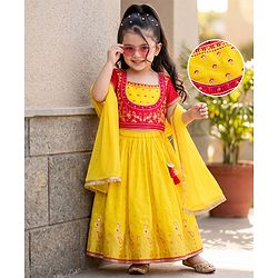 Babyhug Georgette Woven Half Sleeves Lehenga Choli and Dupatta Set With Floral Embroidery & Foil Print - Yellow