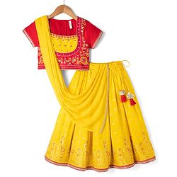 Babyhug Georgette Woven Half Sleeves Lehenga Choli and Dupatta Set With Floral Embroidery & Foil Print - Yellow