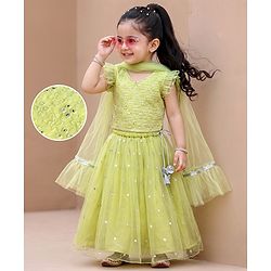 Babyhug Georgette Woven Frill Half Sleeves Lehenga Choli & Dupatta Set With Floral Sequin Embroidery - Limegreen