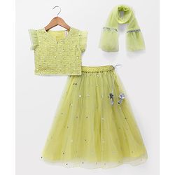 Babyhug Georgette Woven Frill Half Sleeves Lehenga Choli & Dupatta Set With Floral Sequin Embroidery - Limegreen