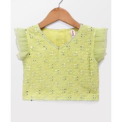 Babyhug Georgette Woven Frill Half Sleeves Lehenga Choli & Dupatta Set With Floral Sequin Embroidery - Limegreen