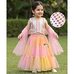 Babyhug Net Woven Sleeveless Sequinned Choli & Lehenga with Dupatta - White