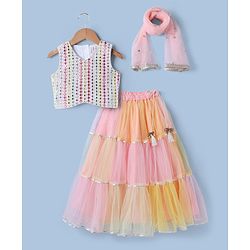Babyhug Net Woven Sleeveless Sequinned Choli & Lehenga with Dupatta - White