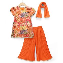 Babyhug Georgett Woven Half Sleeves Kurta & Palazzo Set With Floral Print & Dupatta - Orange