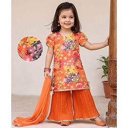 Babyhug Georgett Woven Half Sleeves Kurta & Palazzo Set With Floral Print & Dupatta - Orange