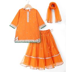 Babyhug Net Woven Embroidered Three-Fourth Sleeves Choli & Lehenga Set With Dupatta - Orange