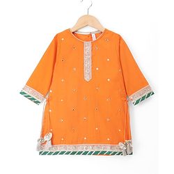 Babyhug Net Woven Embroidered Three-Fourth Sleeves Choli & Lehenga Set With Dupatta - Orange